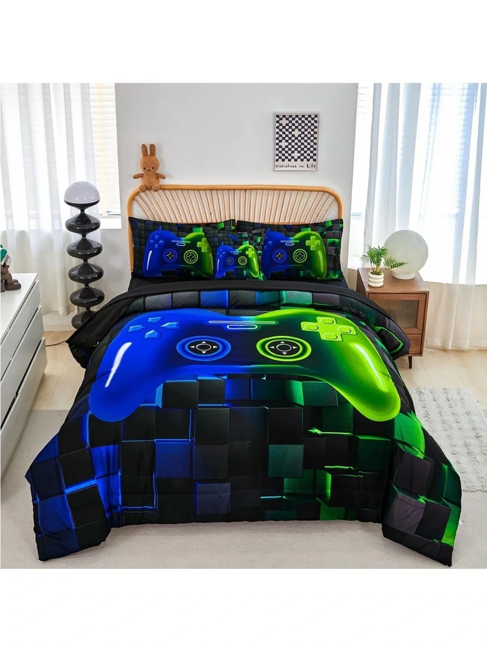 Neon Blue & Green Gamer Controller Comforter Set - Youth Bedding